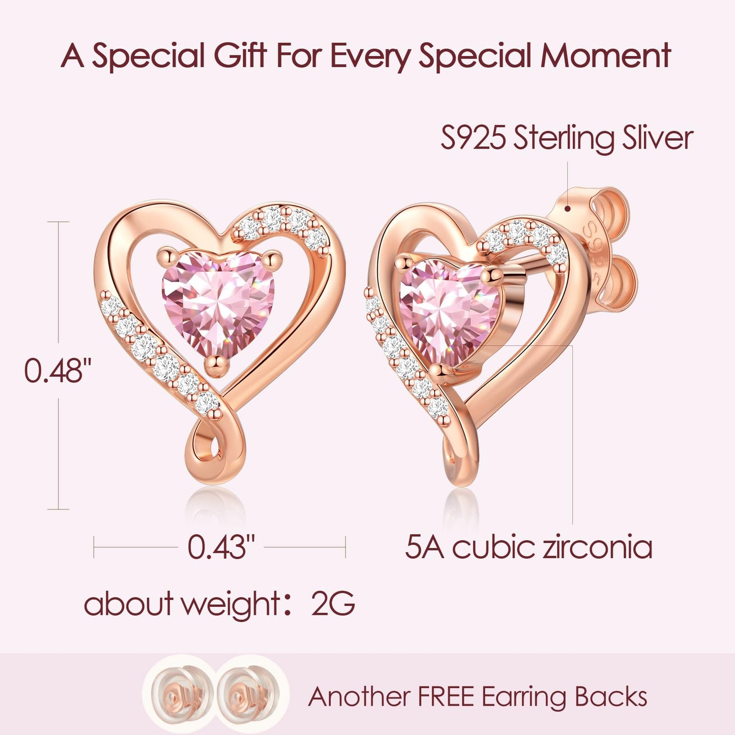 Zifeel Earrings for Women, Rose Gold Birthstone Heart Studs Earring for Girlfriend Wife, Anniversary Birthday Christmas Valentines Mothers Day Gifts Jewelry for Women Wife Her Mom
