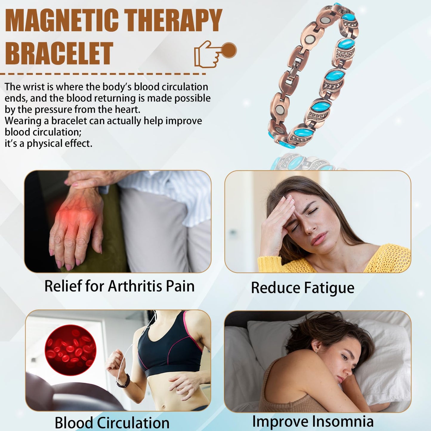 MagVIVACE Women Copper Magnetic Bracelet for Arthritis, Pure Copper Jewelry, Lymph Detox Bracelets with 3500 Gauss Magnet(C)