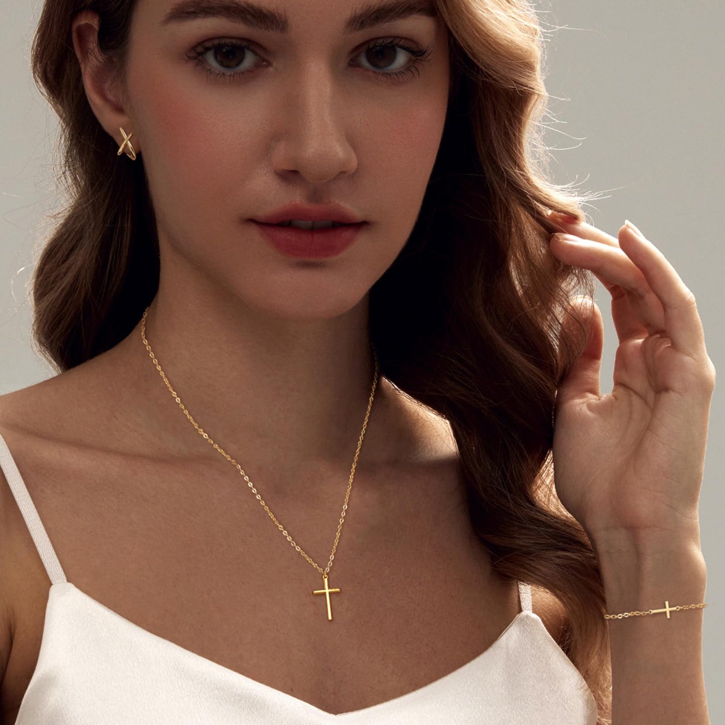 HAXIYA Gold Cross Necklace Set for Women Cross Bracelet Dainty Simple Minimalist Gold Stud Earrings Jewelry Sets Pack of 3 Party Prom Gift
