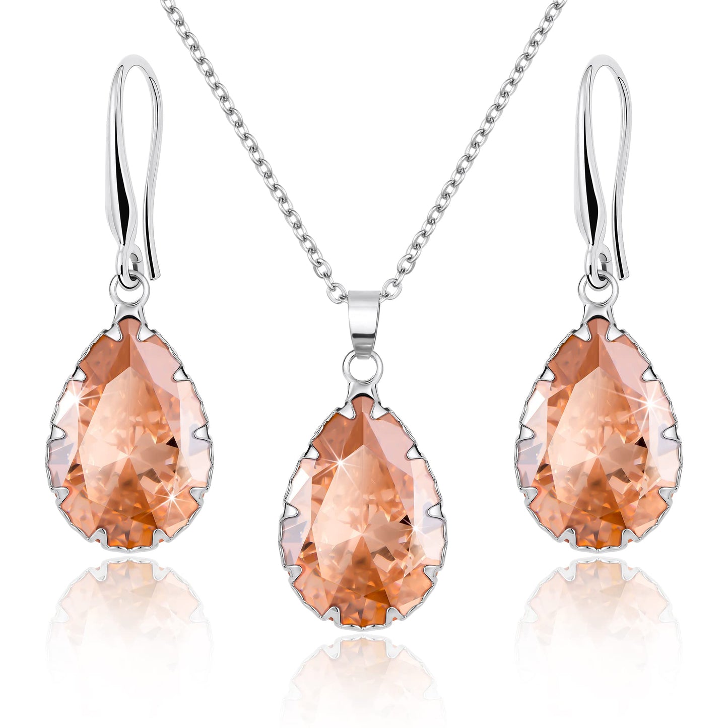 Linawe Citrine Crystal Jewelry Sets for Women, Yellow Imitation Diamond Pendant Necklace, Rhinestone Drop Dangle Teardrop Earring Set, Birthstone Cubic Zirconia Matching Wedding Jewelry Silver