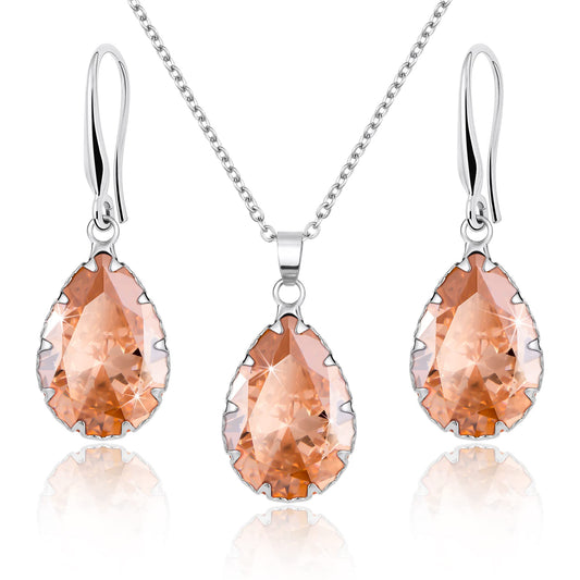 Linawe Citrine Crystal Jewelry Sets for Women, Yellow Imitation Diamond Pendant Necklace, Rhinestone Drop Dangle Teardrop Earring Set, Birthstone Cubic Zirconia Matching Wedding Jewelry Silver