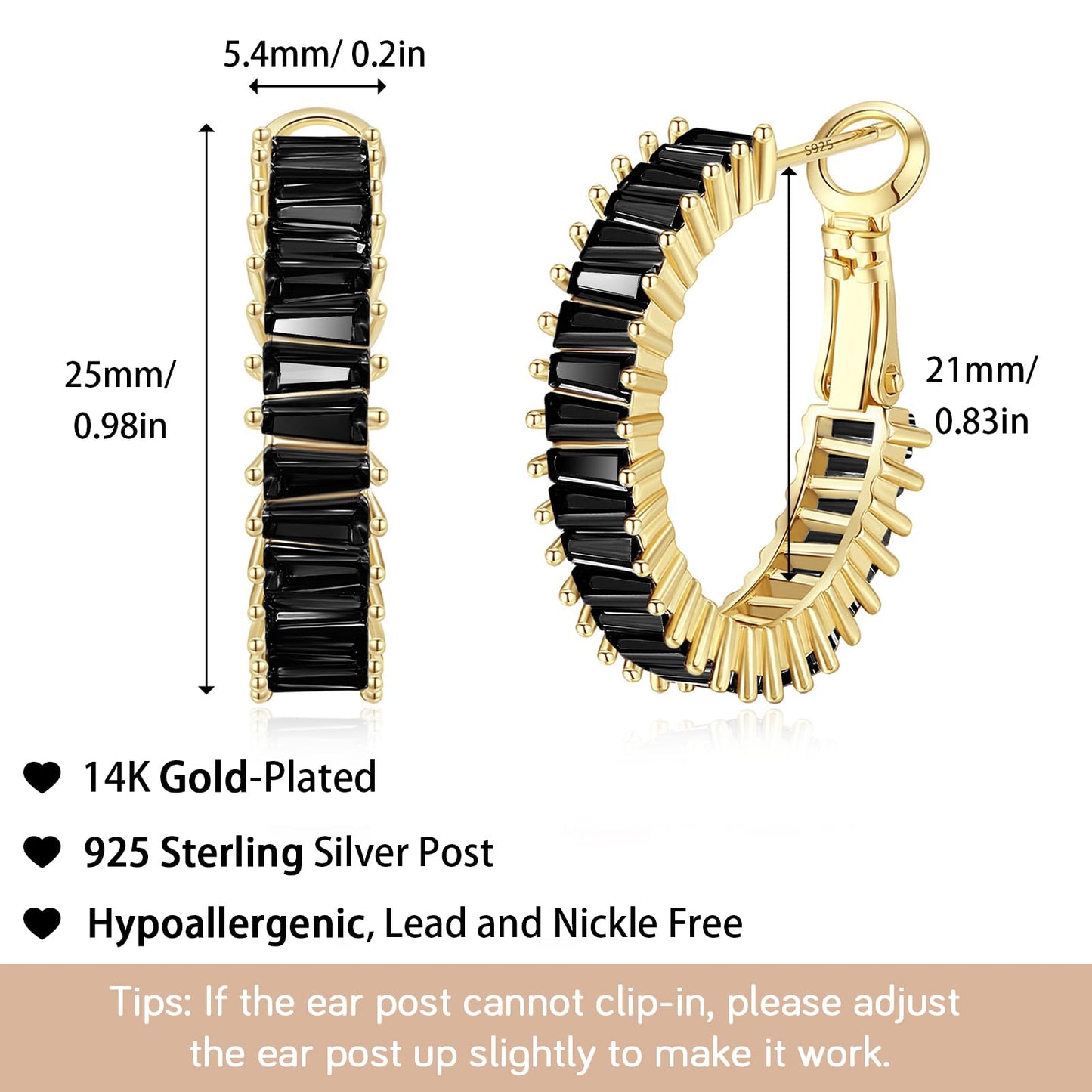 GLOQUAT CZ Gold Plated Black Hoop Earrings 14K Gold Plated Hoop Earrings for Women Vintage Black Cubic Zirconia Earring Fashion Round Circle Hoops for Women 25mm