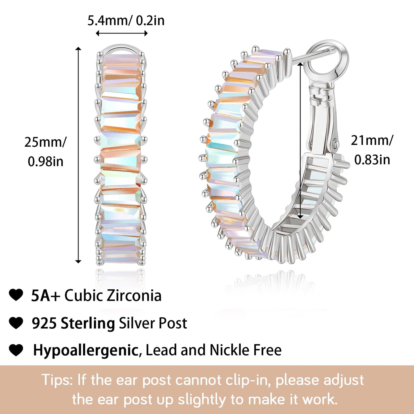 GLOQUAT Iridescent Earrings Aurora Borealis Crystal Hoop Earrings White Gold Plated AB Hoops for Women 925 Sterling Silver Post Trendy Colorful CZ Round Circle Hoops Aura Earring Jewelry 25mm
