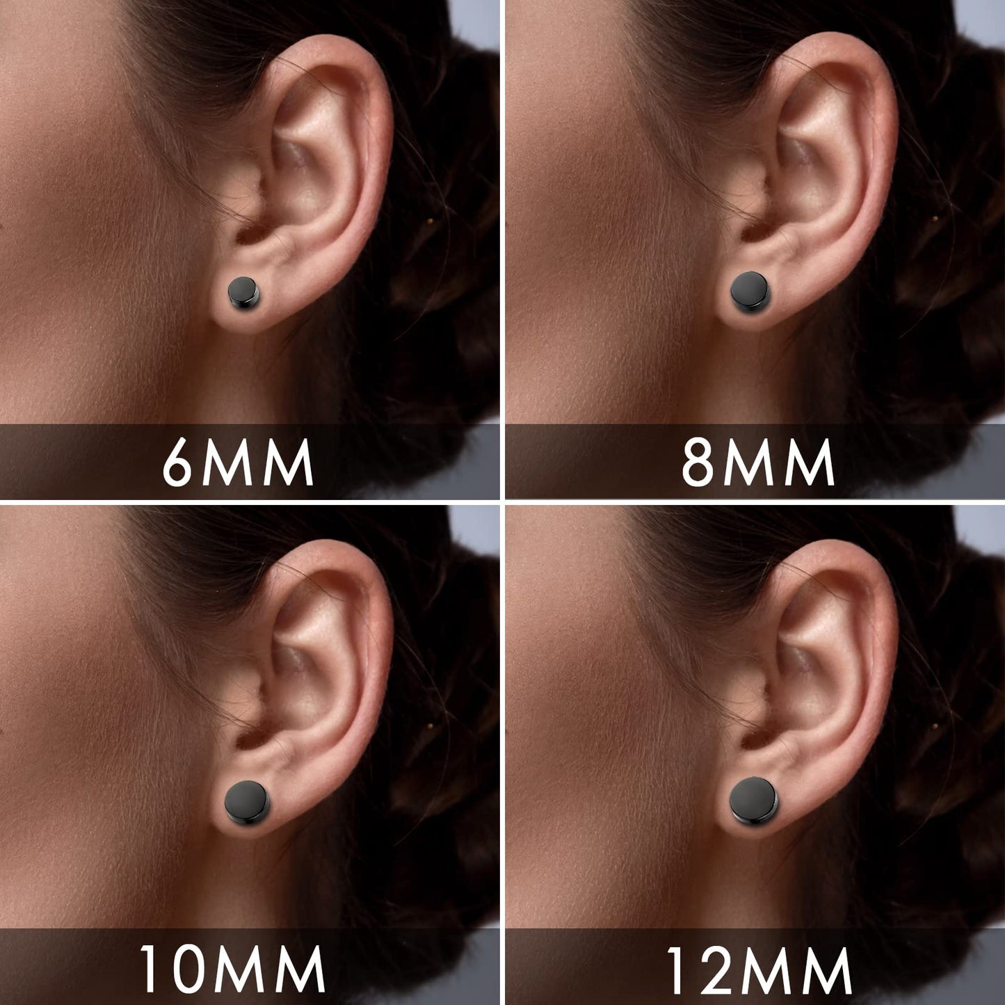 Rofusn Punk 12mm Stainless Steel Black Magnetic Non-piercing Clip On Fake Cheater Stud Earrings for Men Women