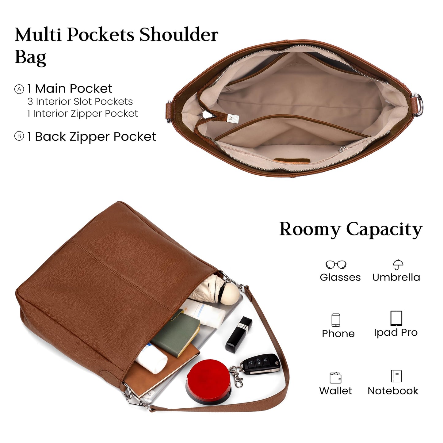 befen Genuine Leather Shoulder Bags Hobo Handbags Bag Small Durable Crossbody Purses for Women Everyday & Travel Cognac Brown