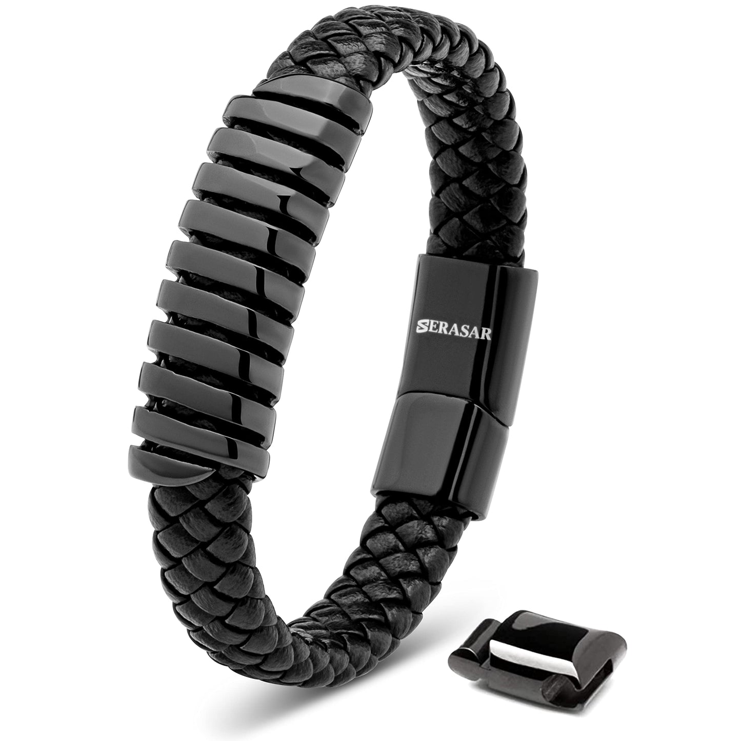 SERASAR Black Bracelet Leather Men 17cm Gift Box Genuine Cowhide Braided Adjust Able Magnetic Clasp Multi Layer Wrap Rope Man Mans Male Mens Bracelets Band Jewelry Magnet Accessories