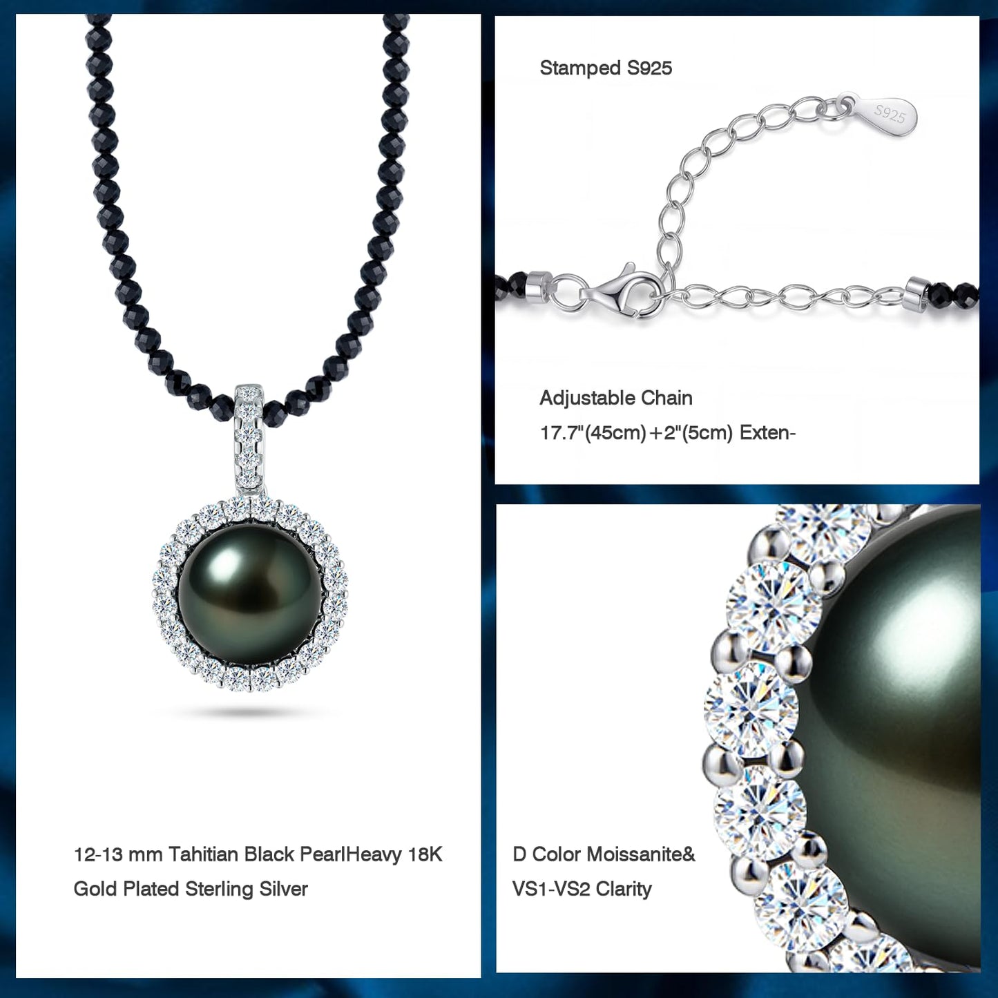 Genuine Tahitian Black Pearl Necklace - Mother's Day Birthday Gifts for Wife Mom Daughter, Jewelry Gifts for Wedding Anniversary, 12-13mm Seawater Pearl with Sterling Silver Moissanite Pendant