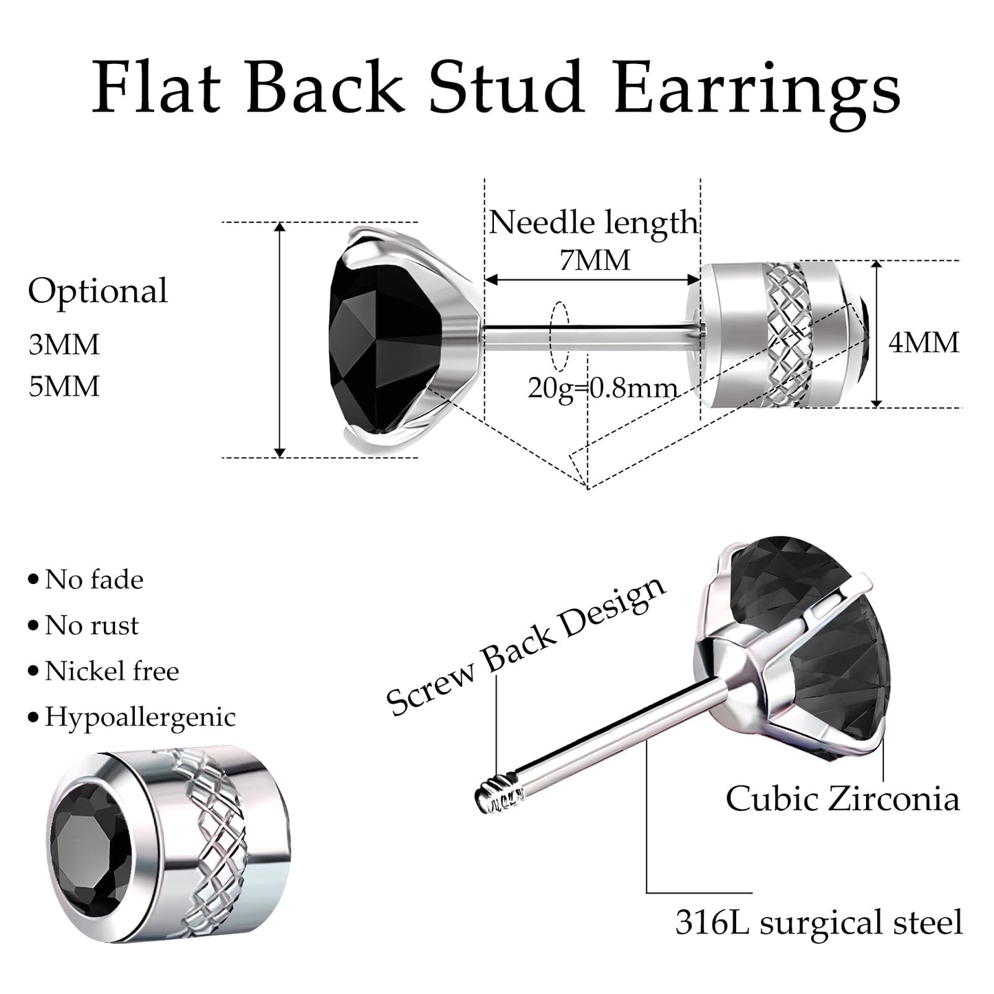 2 Pairs Flat Back Stud Earrings for Women, Nap Earrings as Black Stud Earrings for Women, Hypoallergenic Earrings for Sensitive Ears as Birthday Gifts for Her (3+5mm, Black)