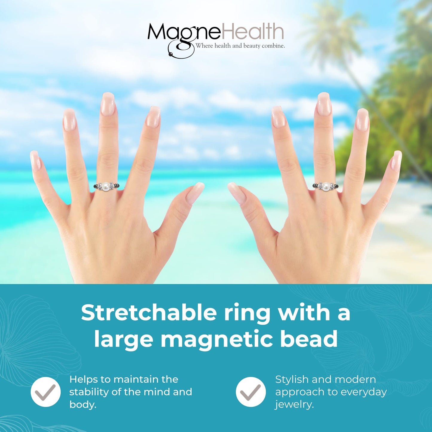 MAGNEHEALTH Black Magnetic Hematite Stretch Ring w/Large White Magnet Bead - Absorbs Negative Energy, Wellness & Balance Jewelry, Unisex Ring, Gift for Men and Women, Stretchable Comfort Fit, Medium