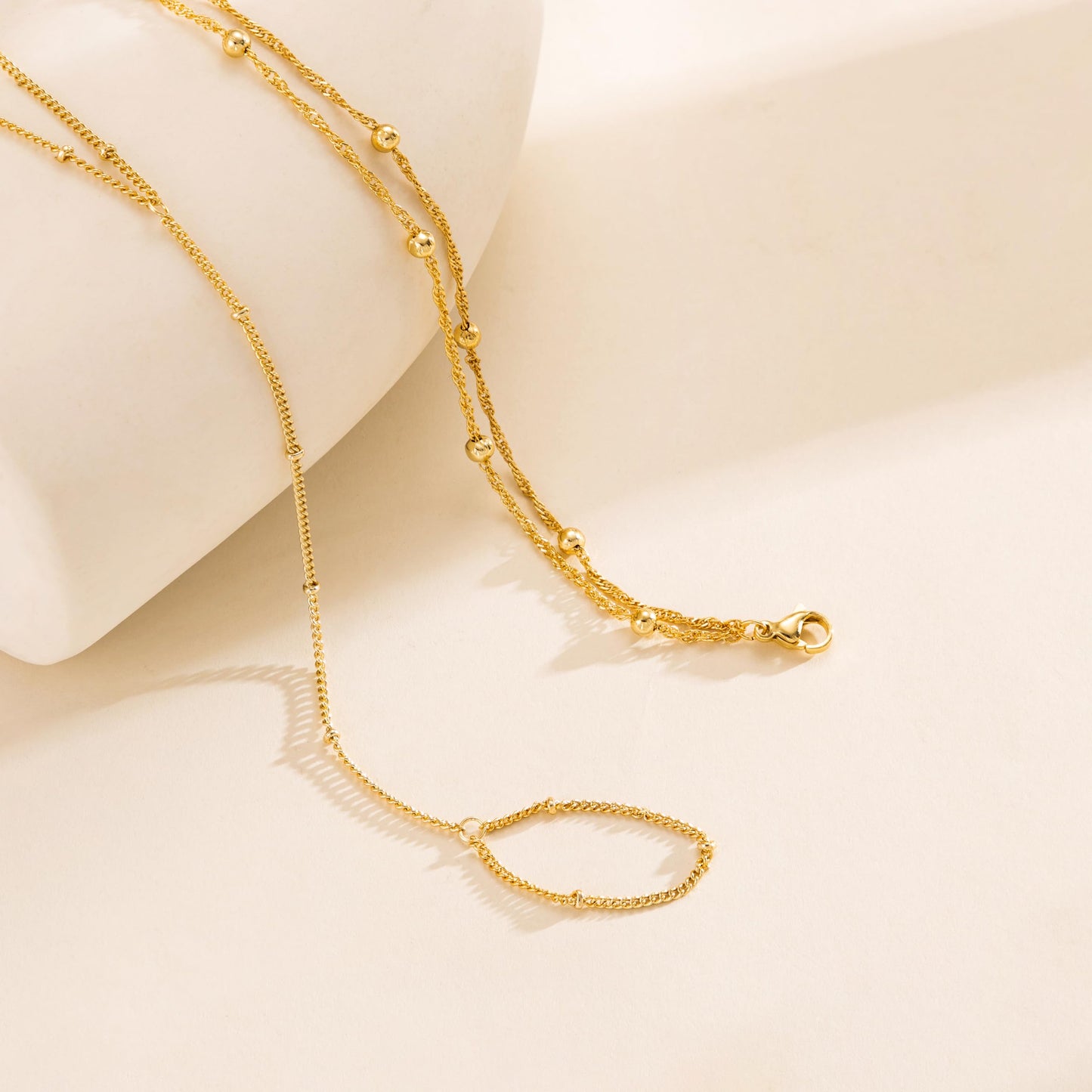 2PCS Gold Hand Chain Finger Bracelet for Women, 14K Gold Plated Satellite Bead Slave Bracelet, Waterproof Boho Hand Harness Jewelry for Summer Beach & Party, Tarnish Resistant, Adjustable Gift for Her