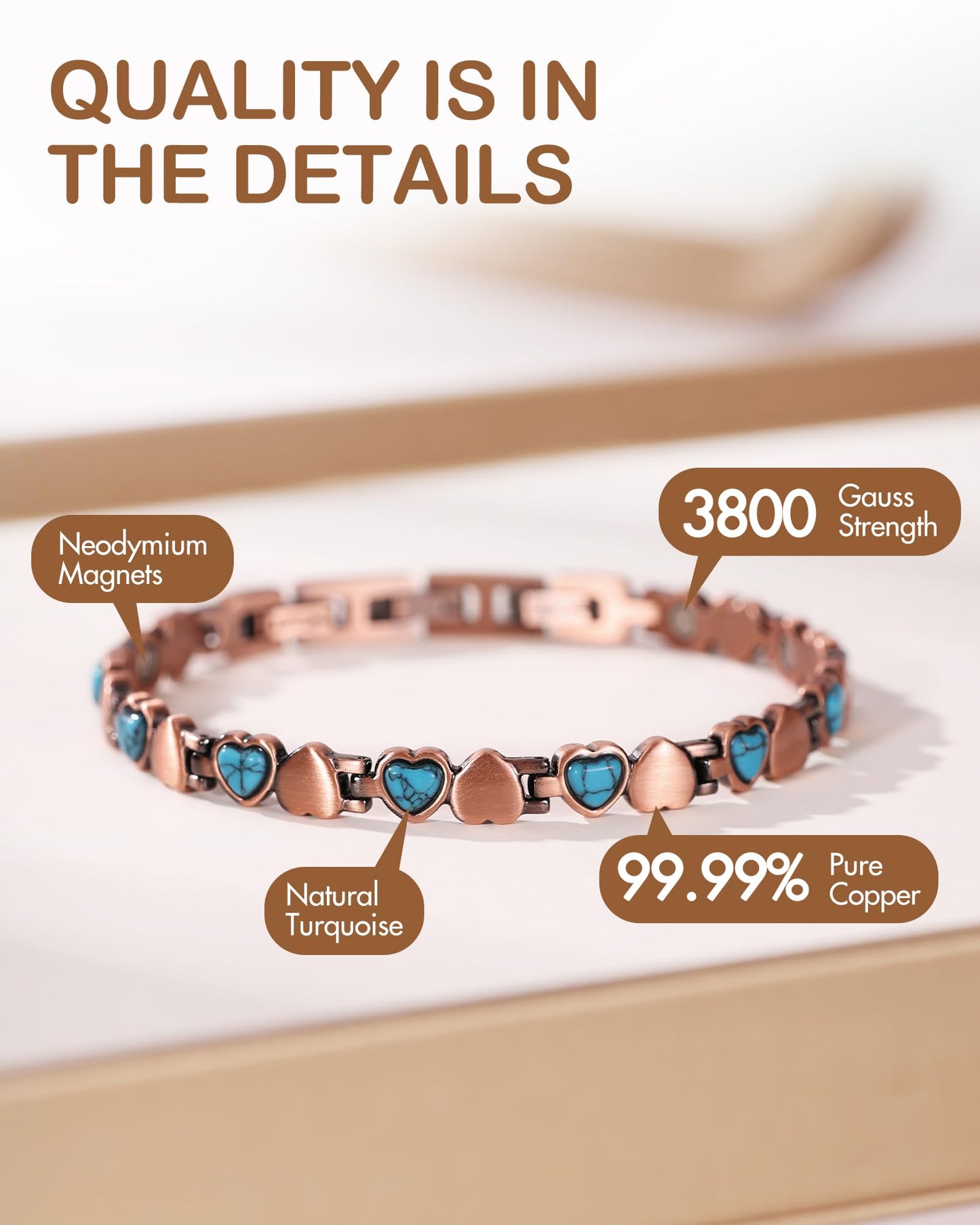 Feraco Pure Copper Bracelets for Women, Ultra Strength Magnetic Bracelet with 3800 Gauss Magnets & Natural Turquoise & Stones, Adjustable, Jewelry Gift (Ocean Heart)
