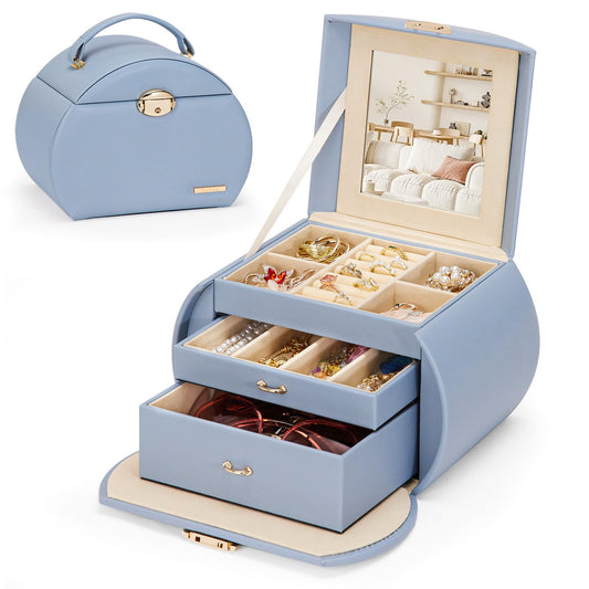 Homde Girls Jewelry Box Jewelry Storage Case Organizer Faux Leather with Mirror for Rings, Earrings, Bracelets, Necklaces (Grey Blue) - Gifts for Mother's Day
