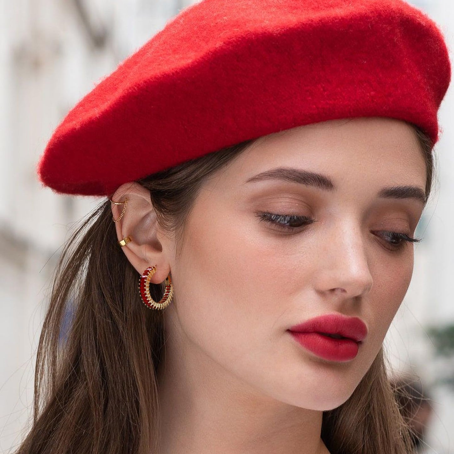 GLOQUAT Ruby Red Crystal Hoop Earrings 14K Gold Plated Red Earrings for Women 925 Sterling Silver Post Vintage Baguette Cubic Zirconia Round Circle Hoops for Women Trendy Rhinestone Jewelry 25mm