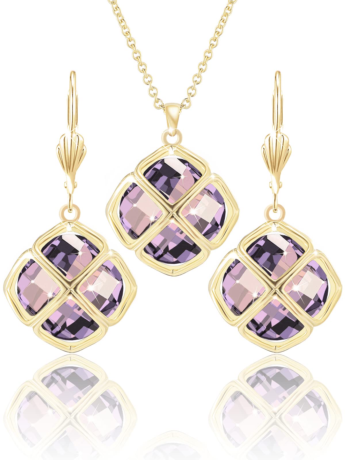 Qinpan 14MM Crystal Pendant Drop Dangle Necklace Earrings Set for Women Glod Plated Costume Jewelry Sets, 38*17.8mm, Yellow Gold, crystal