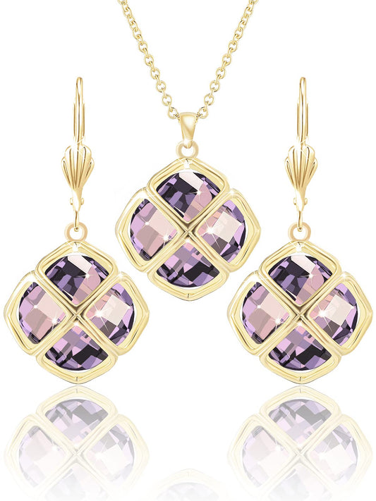 Qinpan 14MM Crystal Pendant Drop Dangle Necklace Earrings Set for Women Glod Plated Costume Jewelry Sets, 38*17.8mm, Yellow Gold, crystal