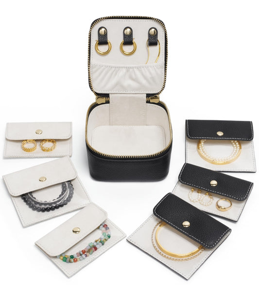 Popvibe Travel Jewelry Box Organizer Small Jewelry Case with 6 Jewelry Bags Mini Pouch, Portable Traveling Jewelry Case for Women, Black Leather Compact Jewelry Travel Necklace Case Holder