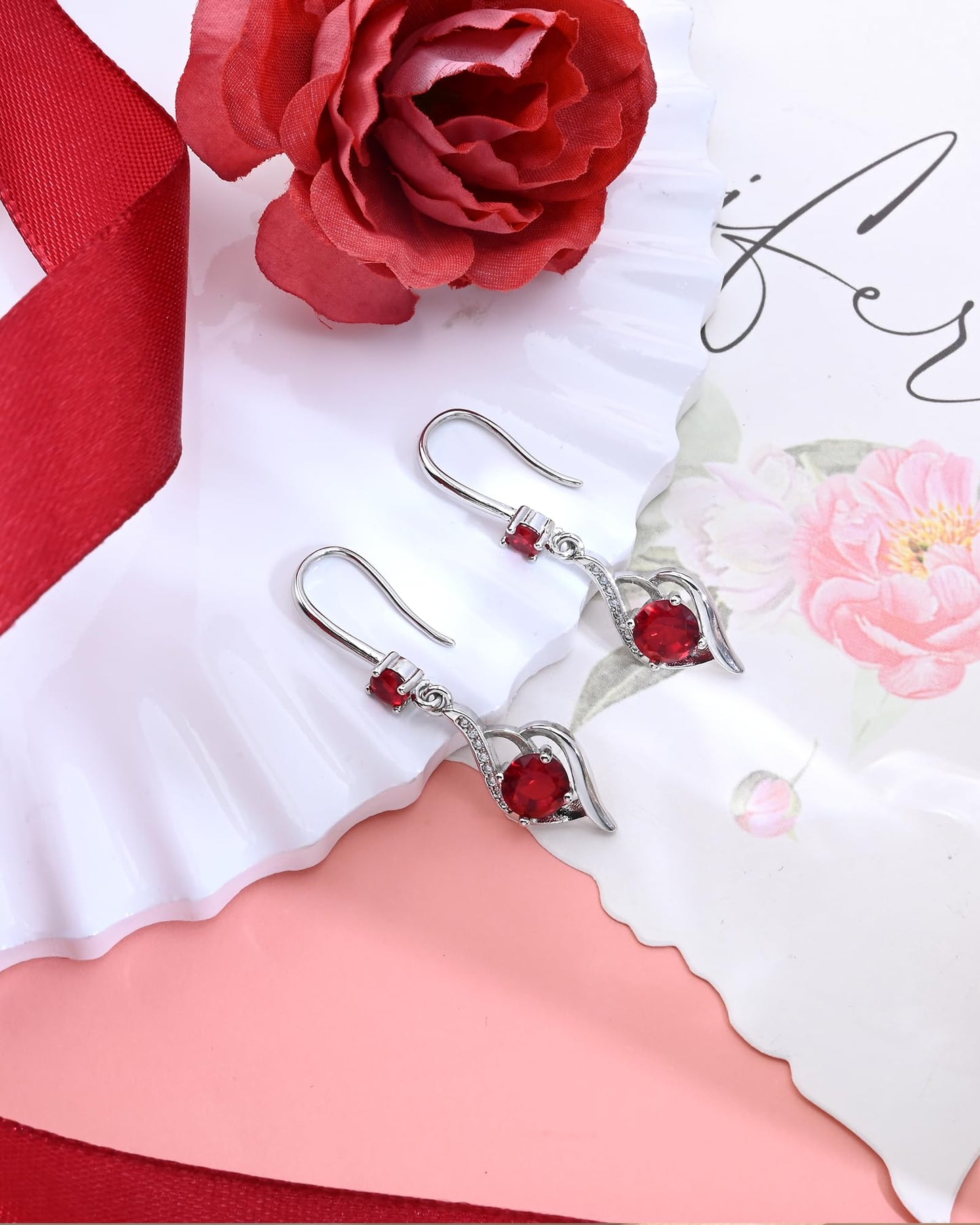 Heart Ruby Drop Dangle Earrings-925 Sterling Silver with Red Crystals-Long Birthstone Jewellery for Women