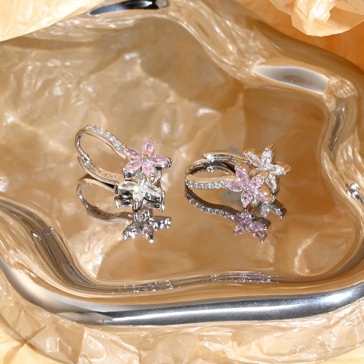 Watforsh 925 Sterling Silver Flower Earrings for Women Dangling Leverback Earrings with Pink and White Crystal Double Floral