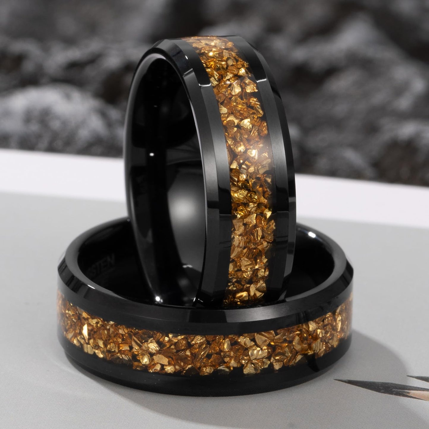 NUNCAD Men's Tungsten Rings 8mm Black Wedding Band Inlaid with Citrine Center Polished Domed Comfort Fit Size 9