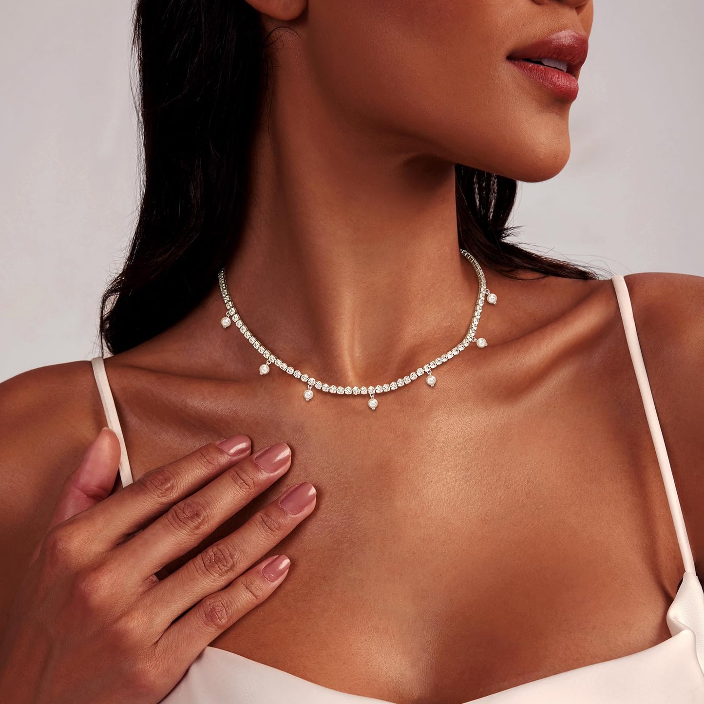LULII Tennis Necklaces for Women Silver Rhinestone Choker Pearl Charm Necklace Dainty Cubic Zirconia Diamond Chain for Women Silver Jewelry Gift