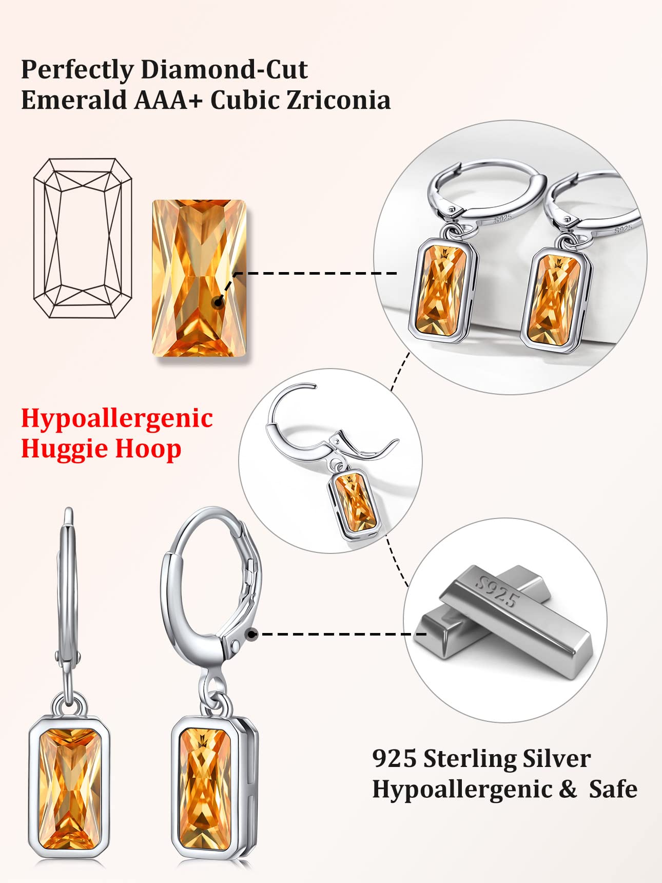 Bestyle Yellow Topaz Drop Earring with Hypoallergneic Silver Huggie Hoops - Shimmer Critine Crytsal November Birthstone Dangles Sterling Silver Earring for Women