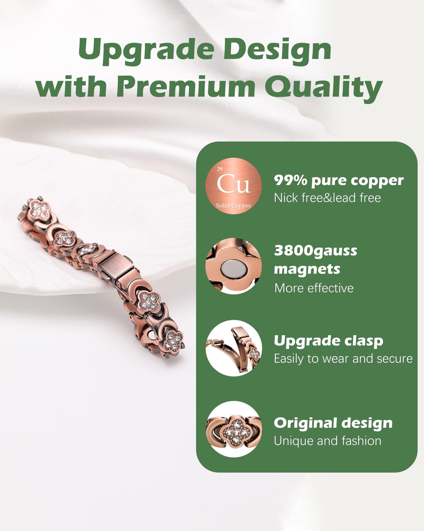 Jeracol 99% Pure Copper Bracelet, Copper Magnetic Bracelet & Ring for Women with Ultra Strength Neodymium Magnets, Clover Jewelry with Sparkling Cubic Zirconia