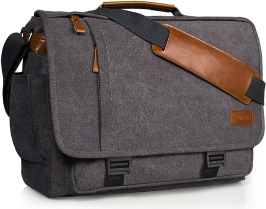 ESTARER Men Messenger Bag 17-17.3 Inch Laptop Bag Water-resistant Canvas Computer Shoulder Bag Briefcase for Work College Travel, Grey