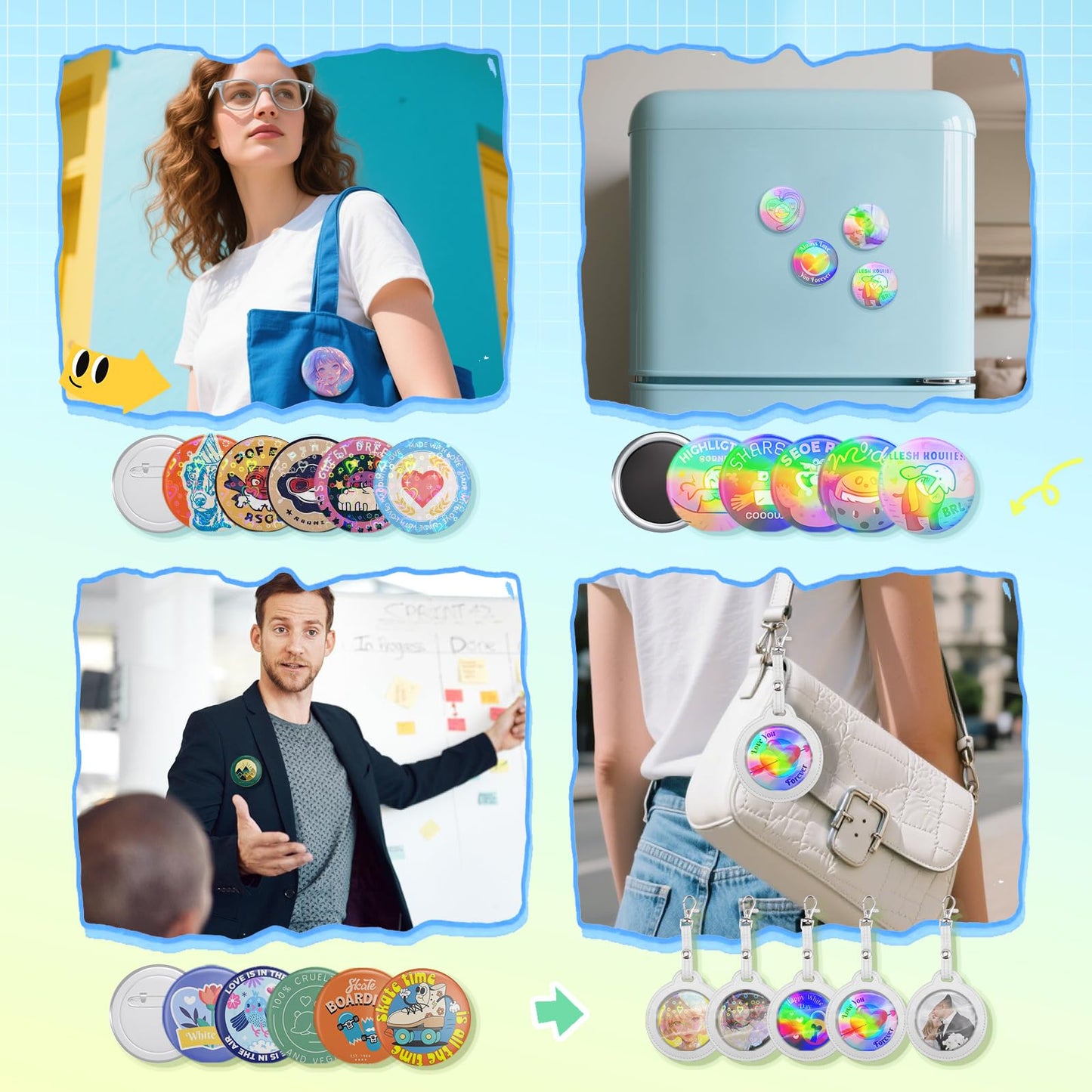 Button Maker Machine 2.25''(58mm), Pin Maker Button Press Machine W/100 Holographic Film Pinbacks,10 Fridge Magnet, 5 Keychain Sleeve, Create Fan Pins for Cosplay, Anime Meetups, Kpop