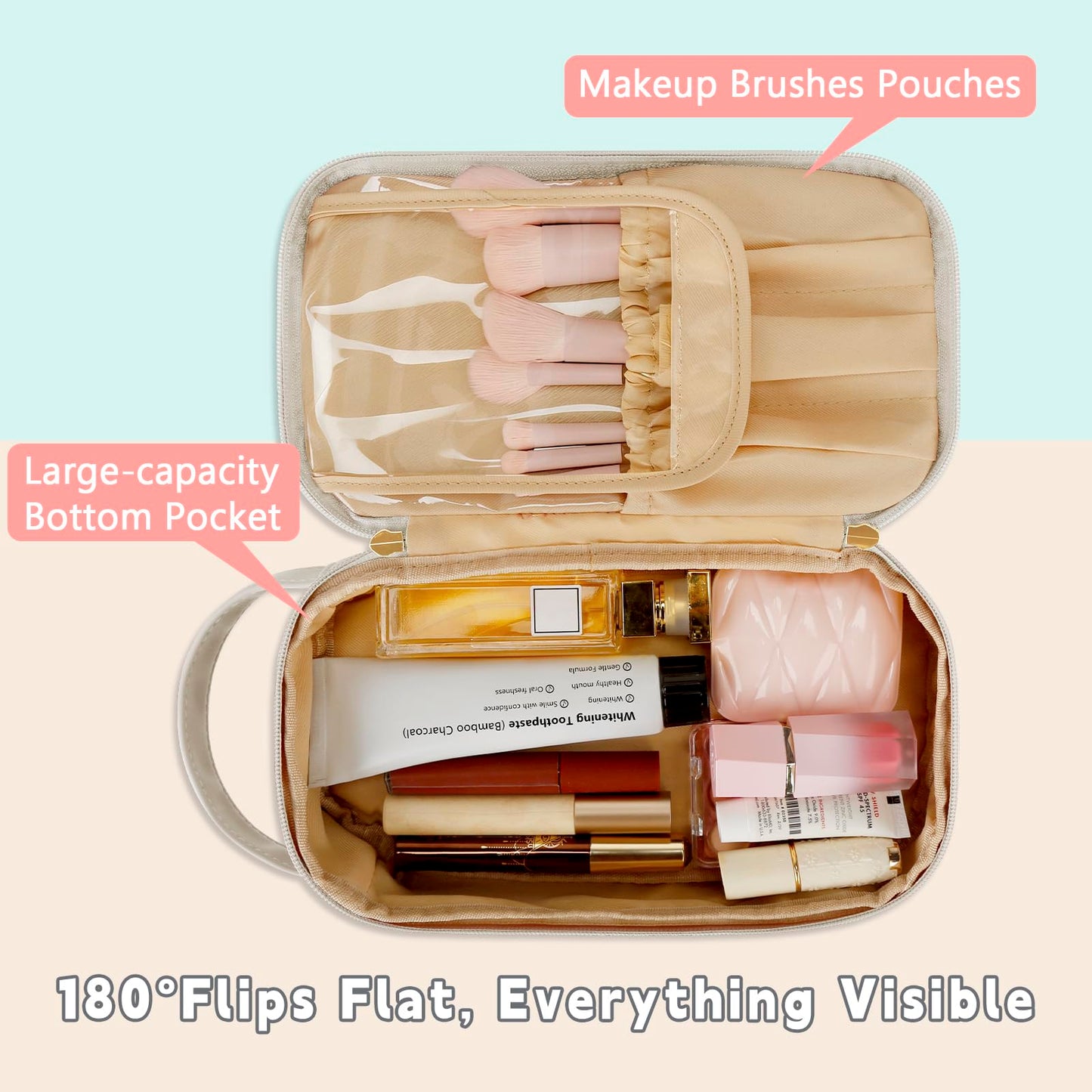 CLOUDWINGS Initial Makeup Bag for Women - Personalized Double Layer Cosmetic Bags with Makeup Brush Organizer, Hanging Travel Toiletry Bag with Large Capacity, Gifts for Mom Girlfriend Wife（Beige M）