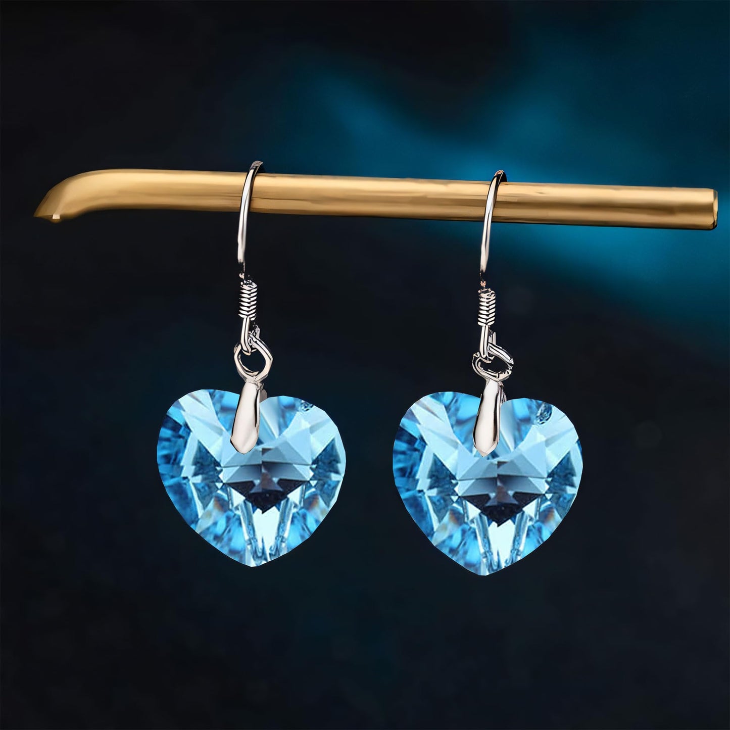 Austrian Crystal Heart Drop Dangle Earrings for Women 925 Sterling Silver Hook Hypoallergenic Earring (Aquamarine)