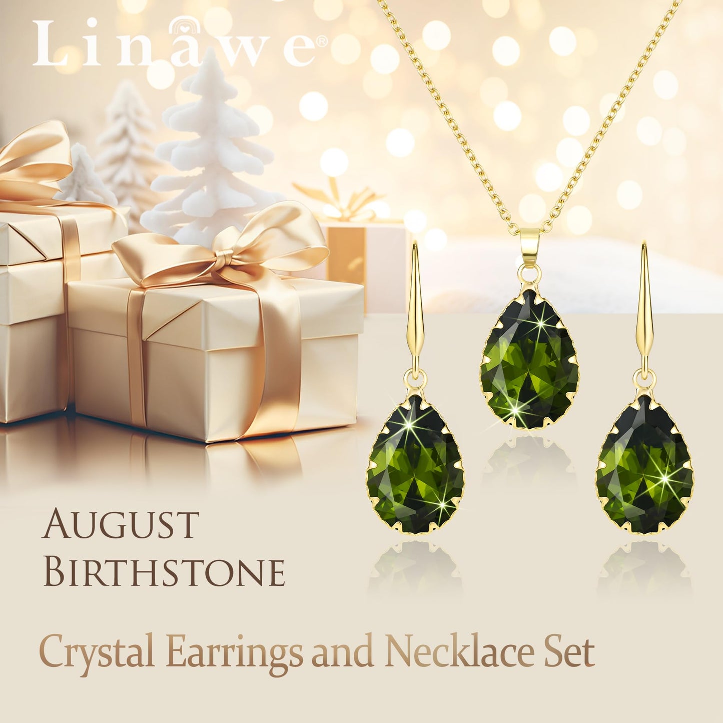 Linawe Peridot Green Gold Jewelry Sets for Women, Birthstone Pendant Necklace and Dangle Earrings Set, Imitation Diamond Crystal Cubic Zirconia Tear Drop Wedding Costume Jewelry Set