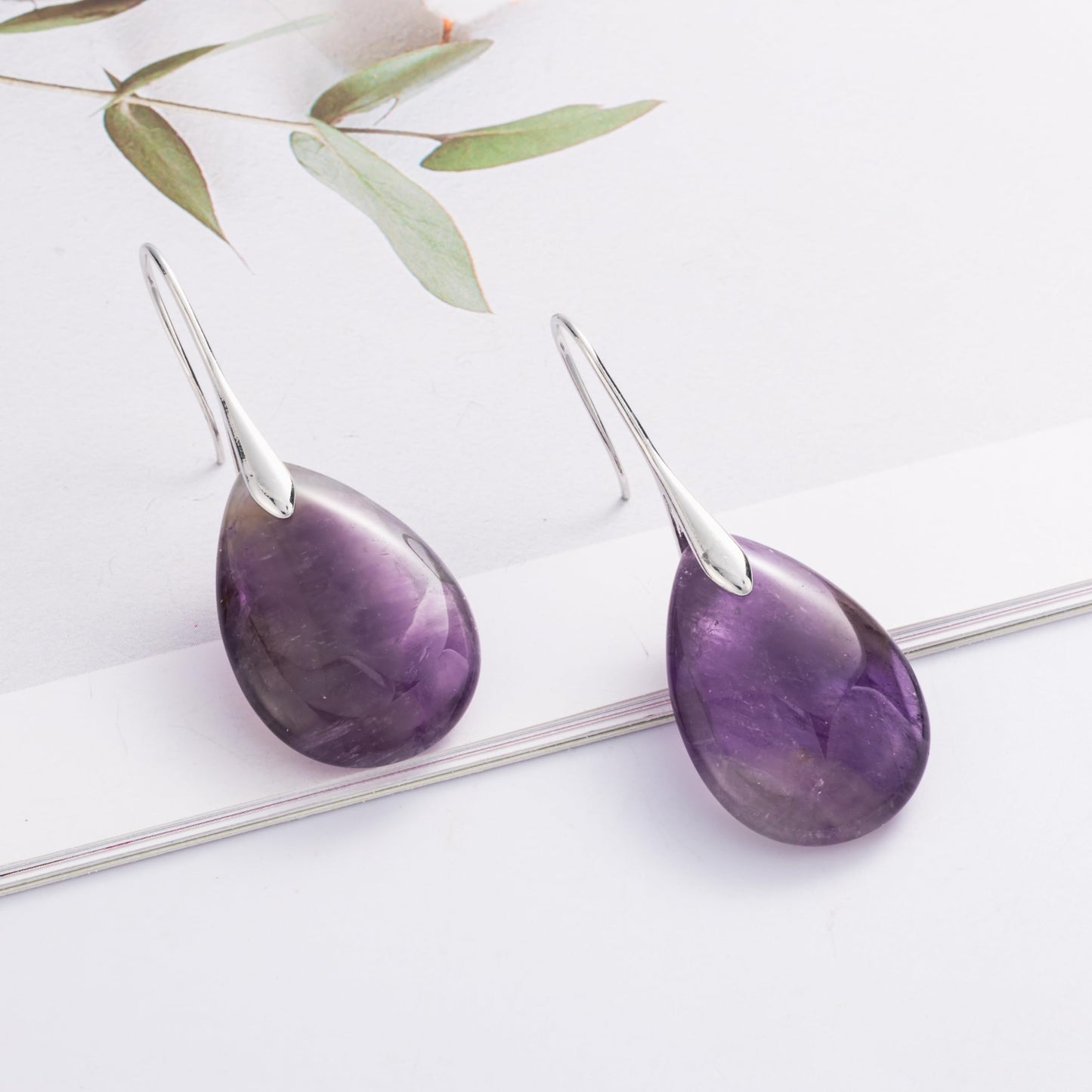 SELOVO Purple Teardrop Agate Stone Fishhook Red Stone Dangle Drop Earrings Silver Tone