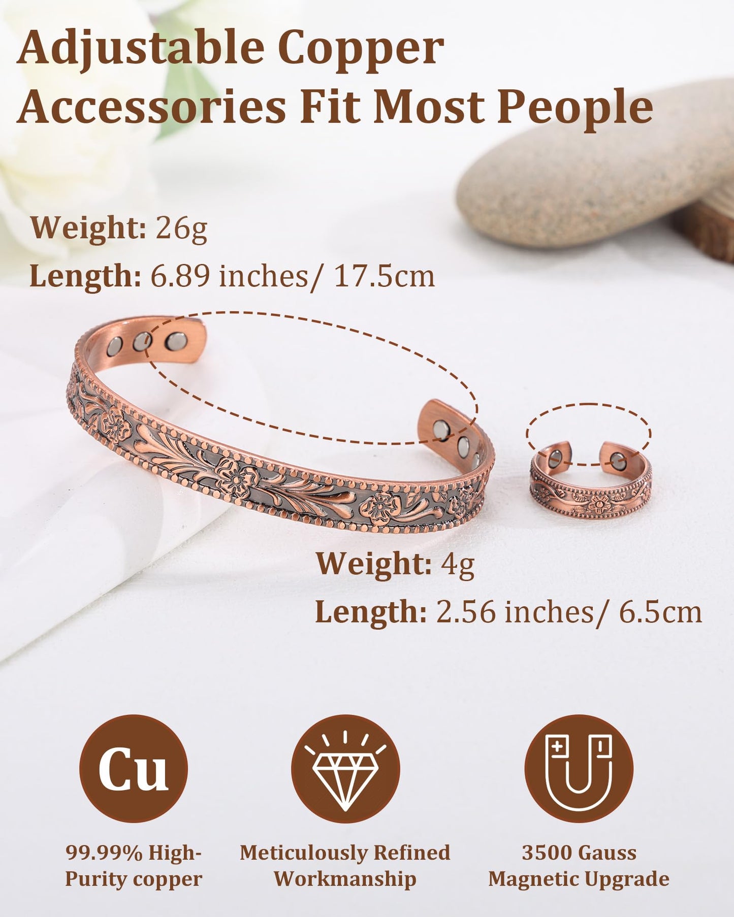 BioMag 99.99% Pure Copper Bracelet&Ring for Men and Women, Adjustable Magnetic Bracelet & Ring with 3500 Gauss Magnets, Vintage Flower Design, Jewelry Christmas Gift