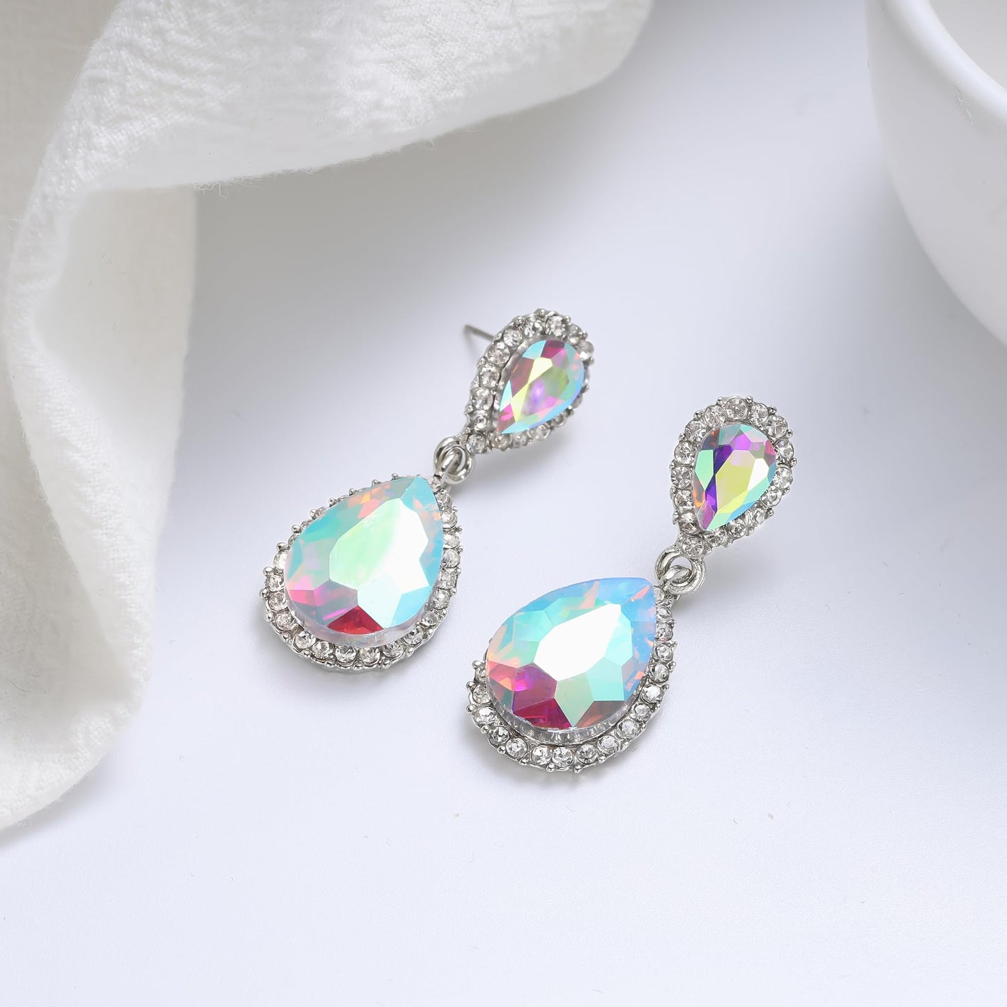 EVER FAITH Women's Austrian Crystal Wedding Tear Drop Dangle Earrings for Bride Iridescent AB Silver-Plated-Base