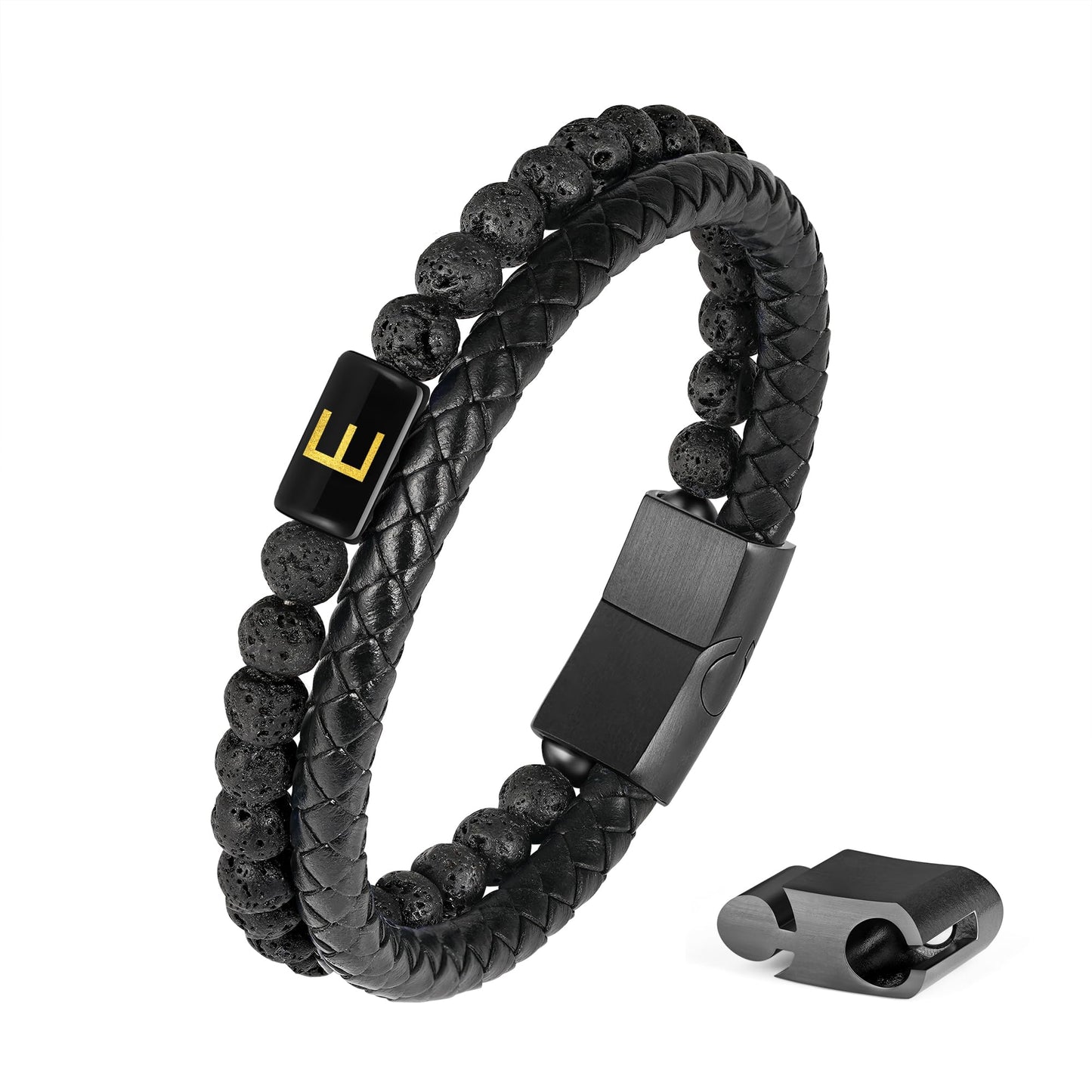Leather Bracelets for Men with Initial - Men Gifts Lava Rock Bead Magnetic Clasp Gift for Husband Black Mens Leather Bracelets Men's Initial E Bracelet for Men's Jewelry Mens Gifts for Dad Husband