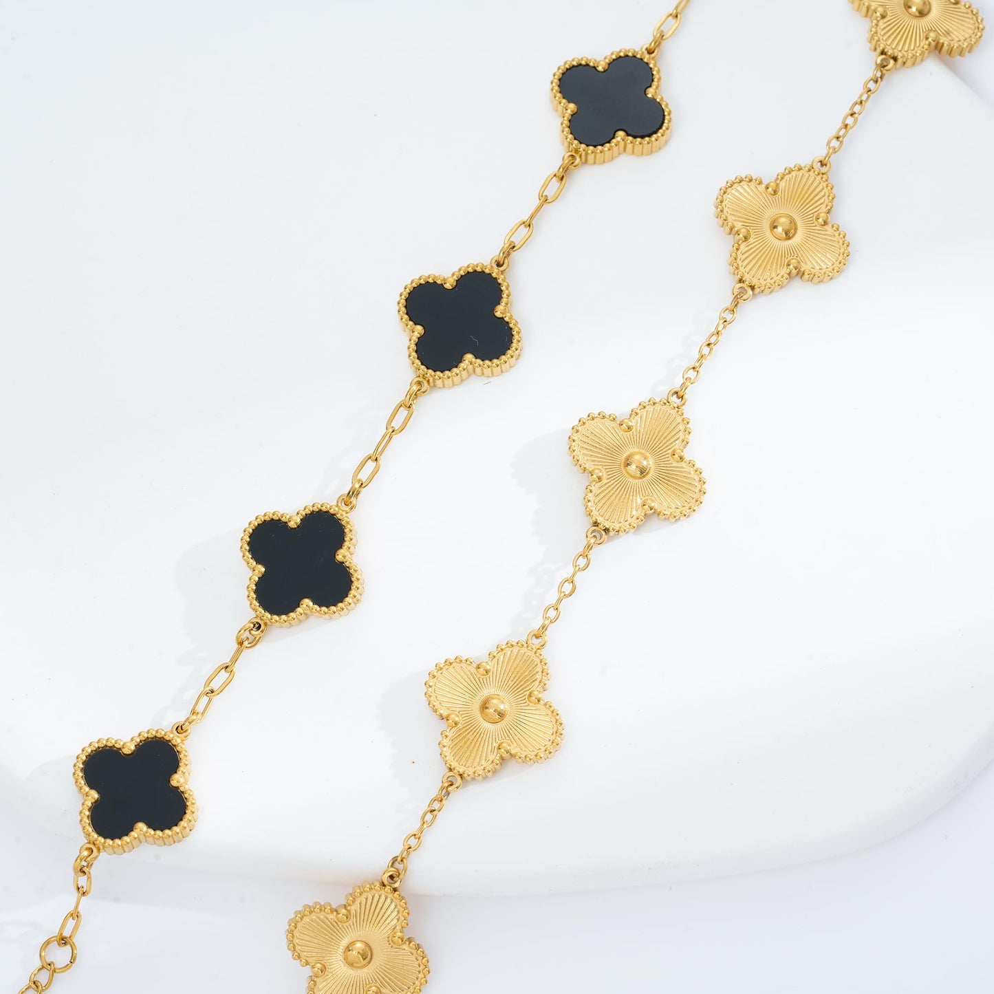 Acicihenn Waterproof Four-Leaf Clover Bracelet,Adjustable Link Double Sided Jewelry, Lovely Fashion Jewelry Gift for Women Gold Bracelet +Black Bracelet