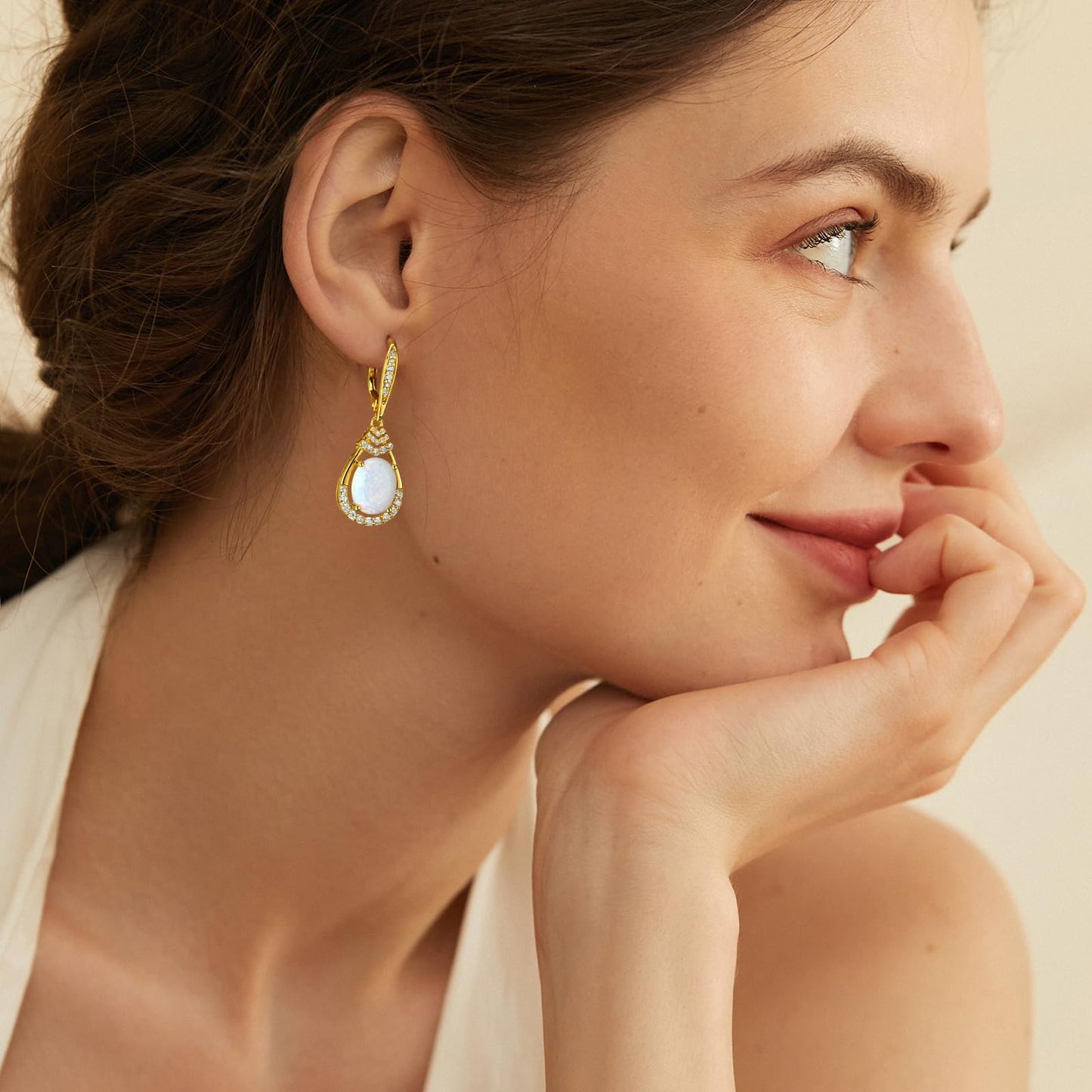 Valentine's Day Gifts for Women |18K G Plated Sterling Silver Birthstone Teardrop Leverback Drop Earring for Women Lady | Wedding Jewelry Gifts for the Bride | Hypoallergenic Oval Cut CZ Earrings (Silver-10-Oct.-18k Plated-Opal)