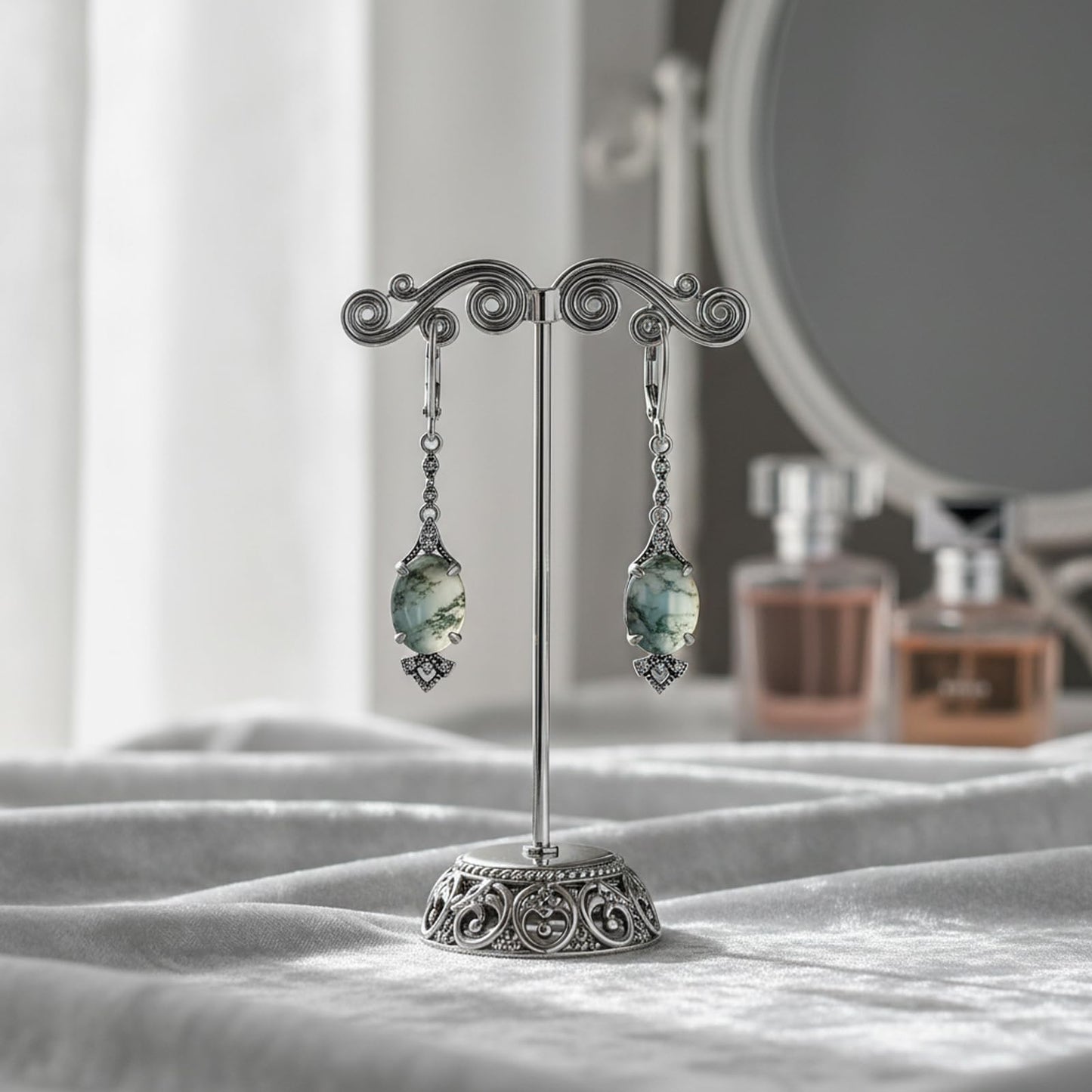 Moss Agate Earrings 925 Sterling Silver Vintage Retro Antique Looking Leverback Dangle Drop Earrings Anniversary Jewelry Gifts for Women