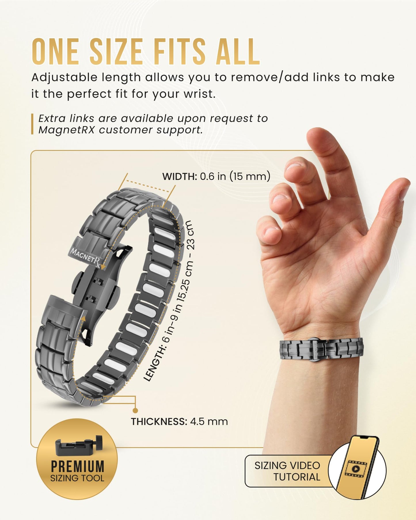 MagnetRX® Magnetic Bracelets for Men - EllipseMAX 5X Strength 5,000 Gauss Magnets - Designed in USA & Patent Pending - Premium Titanium Mens Magnetic Bracelet & Adjustable Length (Gunmetal)