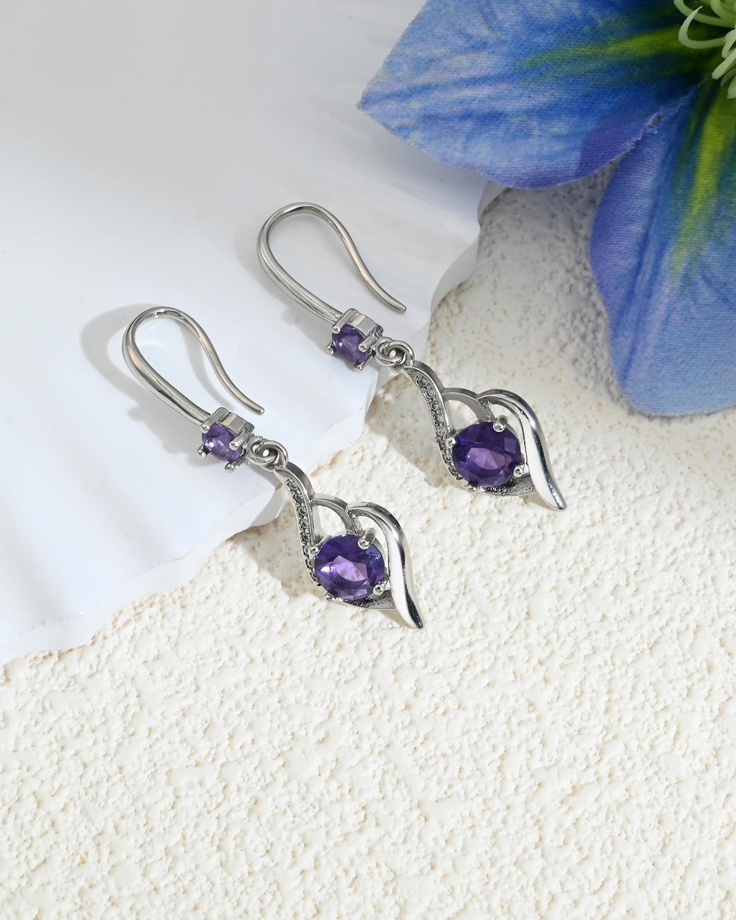 Elaximn Heart Amethyst Drop Dangle Earrings-925 Sterling Silver with Purple Crystals-Long Birthstone Jewellery for Women