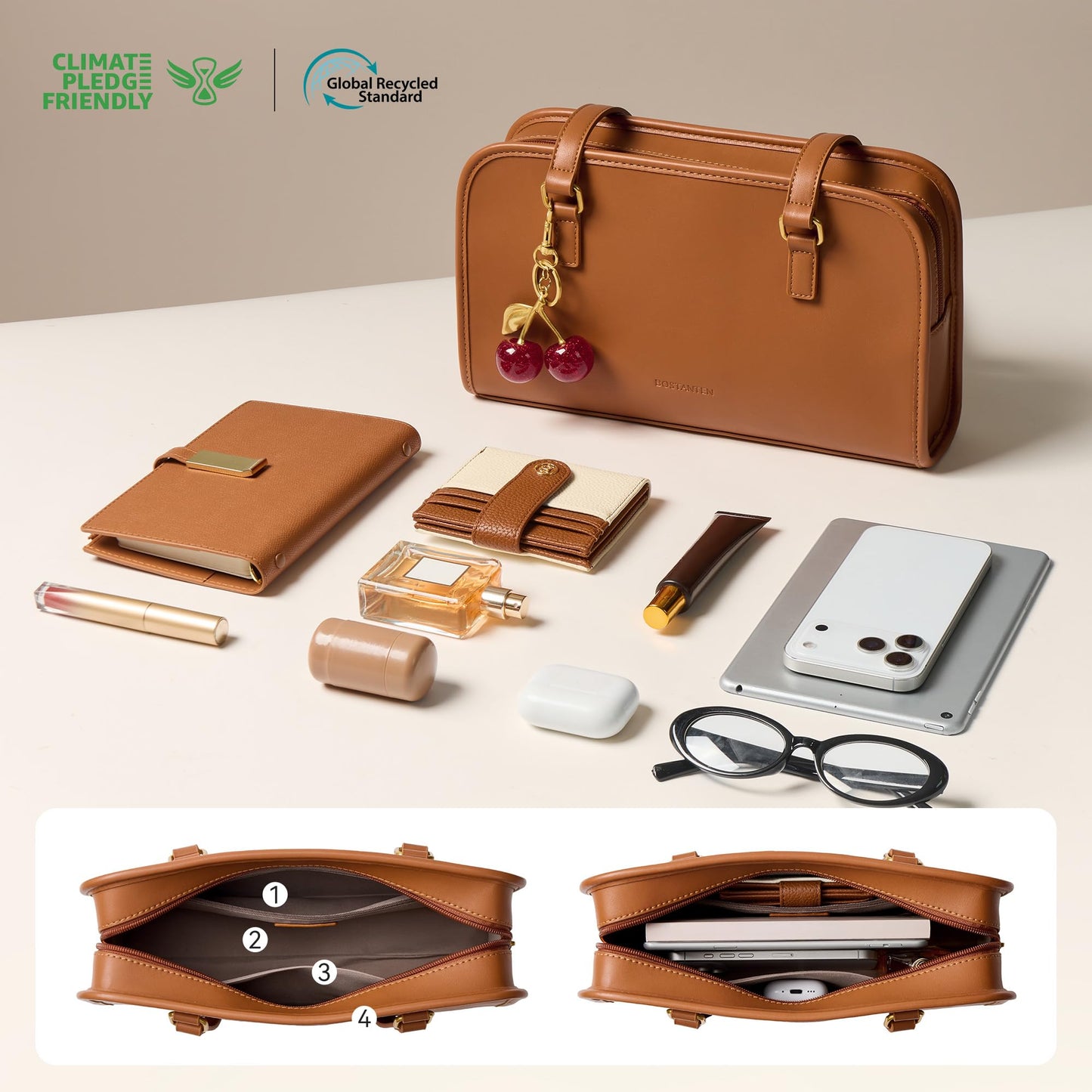 BOSTANTEN Shoulder Bag for Women Vegan Leather Purse with Cherry Charm Medium Handbag with Zipper for Daily Use, Brown