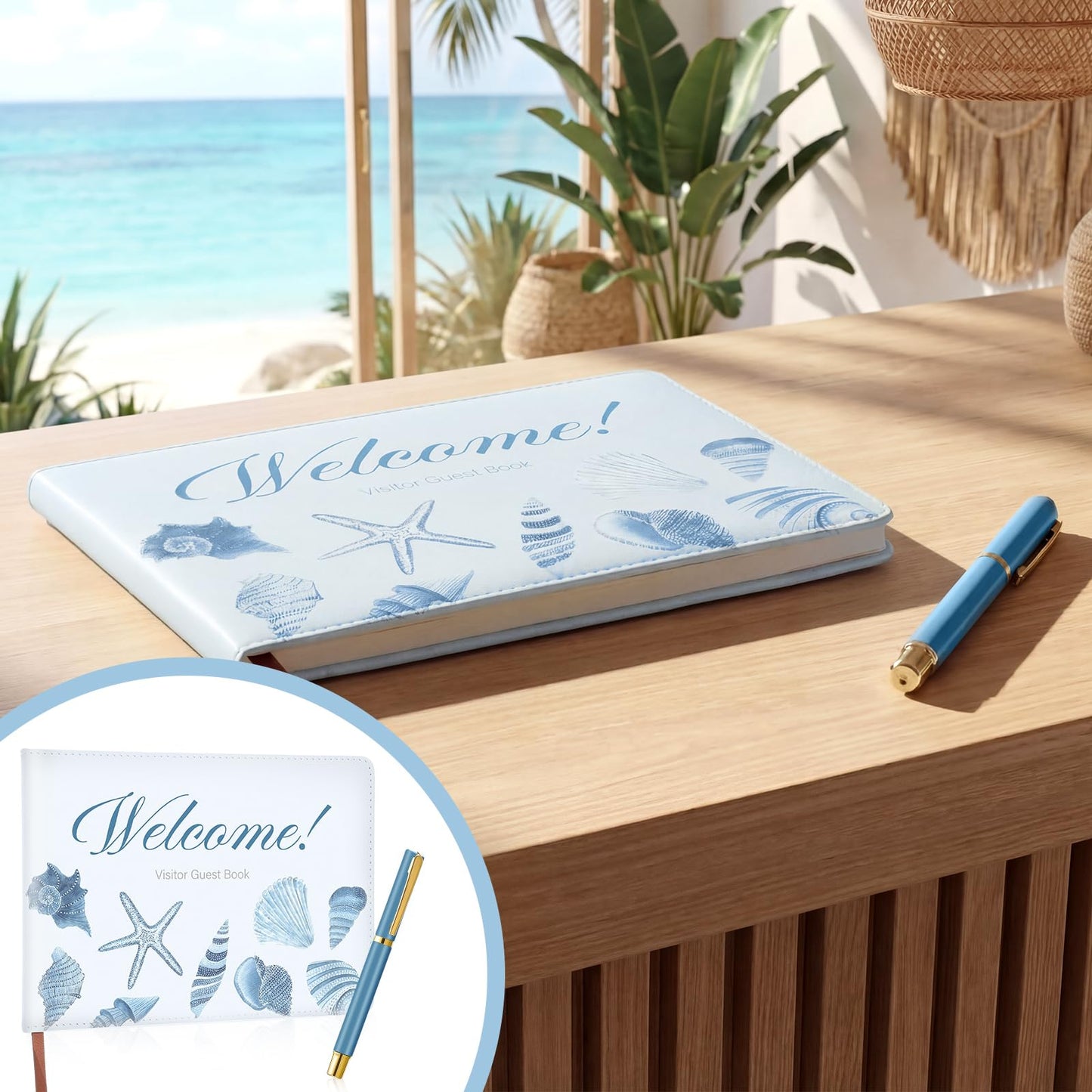 Affrolling Cabin Visitor Guest Book with Pen for Vacation Home and Short Term Rentals, Rustic Leather Cover A5 Size 144 Pages, Welcome Log for Host Visitor Sign in Journal Guesthouse House (Beach)