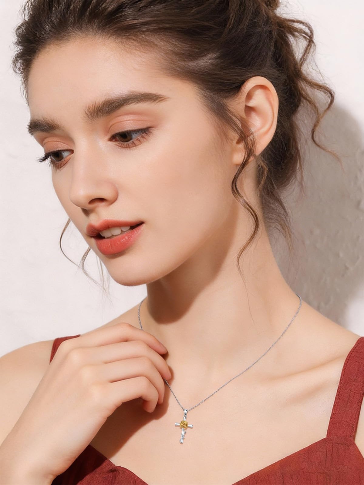 Cargari Marigold Flower Cross Necklace for Women 925 Sterling Silver Marigold Pendant Necklace Religious Floral Jewelry Gift