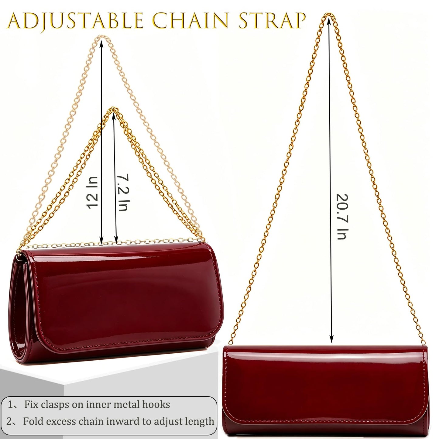 BYWAUQI Patent Leather Clutch Purses for Women Envelope Evening Bag with Detachable Chain for Formal Wedding Cocktail Party Prom Burgundy