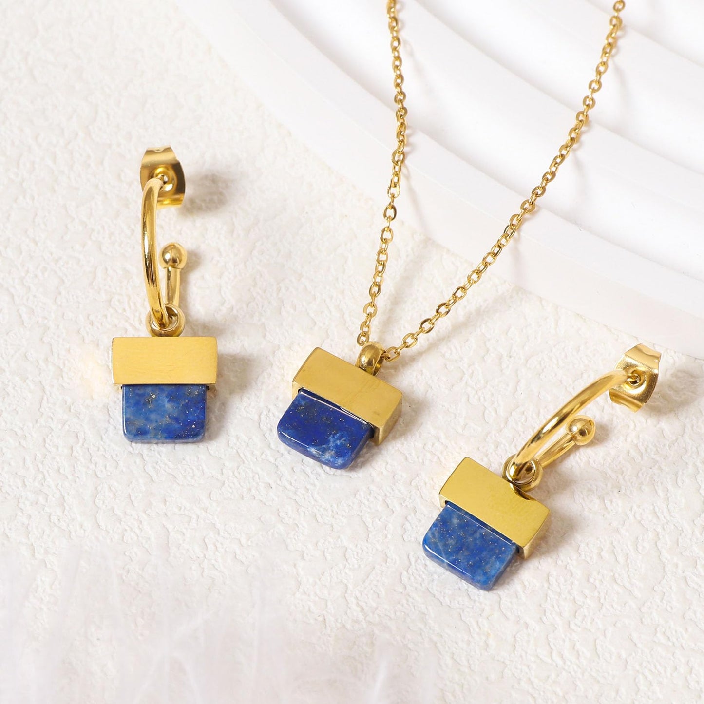 TaYolnFaSo Natural Lapis Lazuli Necklace and Earrings Set for Women 18K Gold Plated Lapis Lazuli Jewelry Set Square Gemstone Jewelry Gift