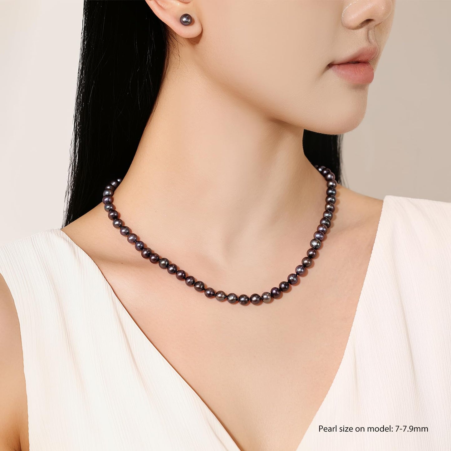 YAMI Tahitian Black Pearl Necklace, Natural Saltwater Cultured Round Pearl 9-10mm Strand Necklace with 925 Sterling Silver Clasp, Anniversary Mother's Day Jewelry Gifts for Women
