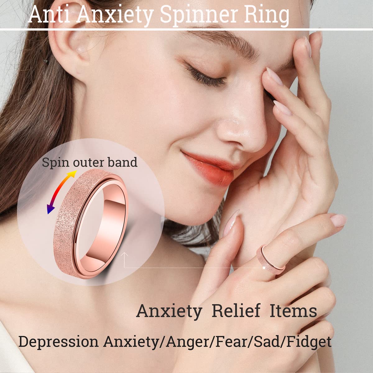 OreilleStar Anxiety Ring for Women Fidget Spinner Ring Fidget Toys Adults Titanium Stainless Steel Thumb Ring 6mm Wide Rose Gold Size 8