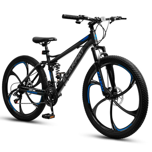 Rycheer Ecarpat 26 Inch Mountain Bike Full Suspension, 21 Speeds Dual Disc Brake, 6 Spokes Men Women Mountain Bike, Durable Carbon Steel Bicycle, Adult Trail Beach Snow Commuter City Bikes