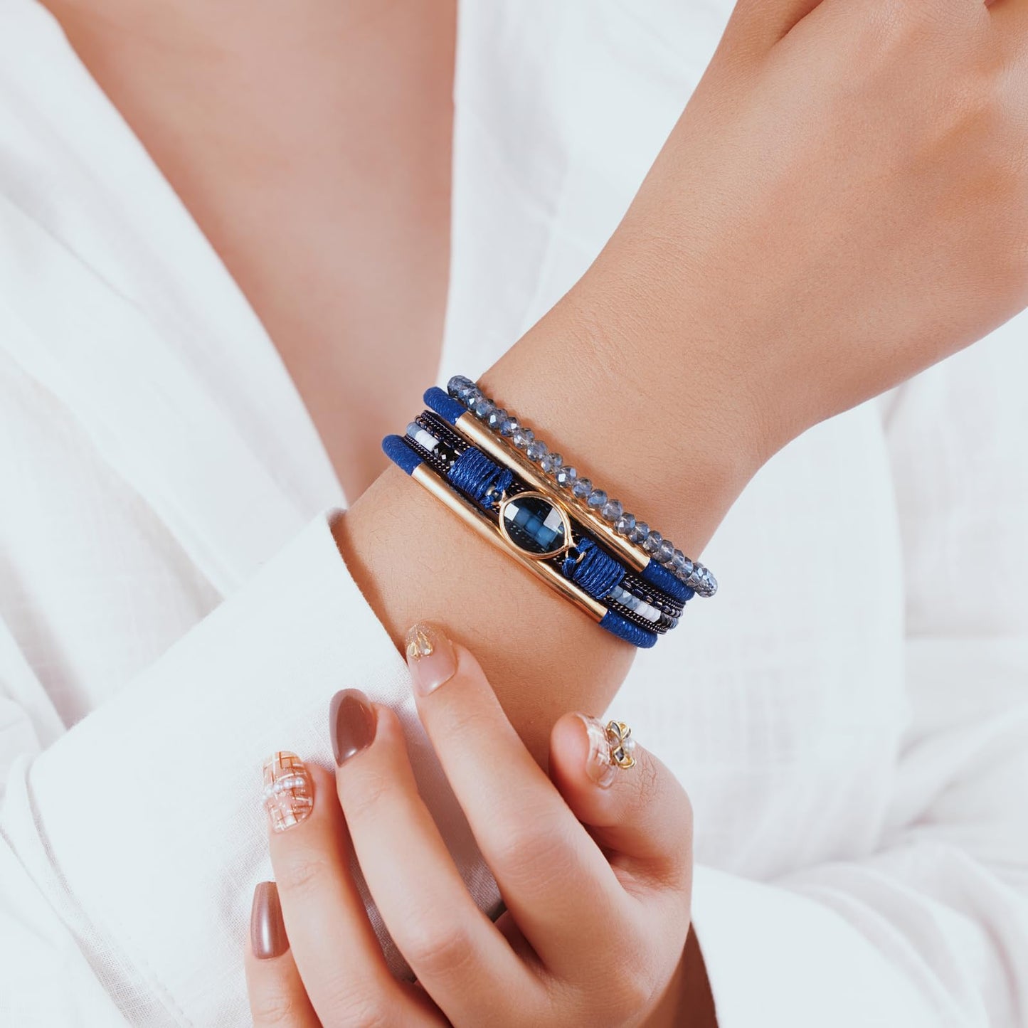 Becklynn Boho Leather Wrap Bracelets Beaded Crystal Stackable Cuff Bracelet with Magnetic Clasp Cowboy Cowgirl County Concert Outfits Western Jewelry Gifts for Women(Crystal Navy Blue)