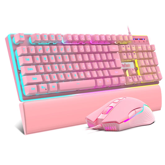 RedThunder K10 Wired Gaming Keyboard and Mouse and Wrist Rest Combo, RGB Backlit, Mechanical Feel Anti-ghosting Keyboard + 7D 7200 DPI Mice+Soft Leather Wrist Rest 3 in 1 PC Gamer Accessories(Pink)